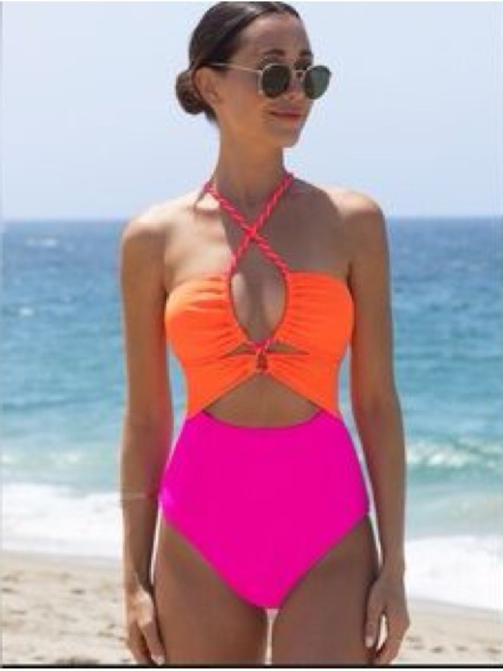 Popvil Tummy Control One-Piece Swimsuit in Orange and Hot Pink XL